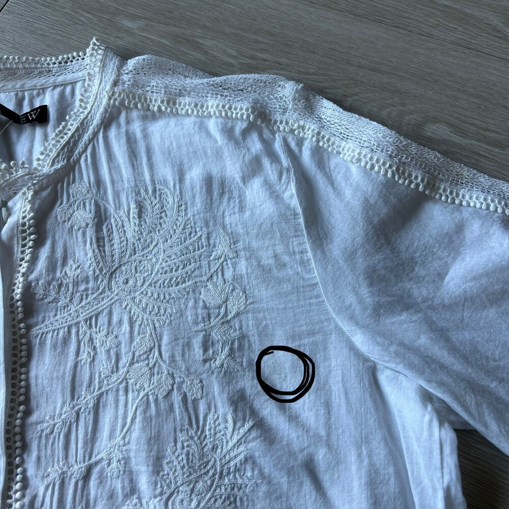 J Crew Embroidered Lace Trim Button Up Shirt In Cotton Coile Size 12 White Flaw - Picture 12 of 16